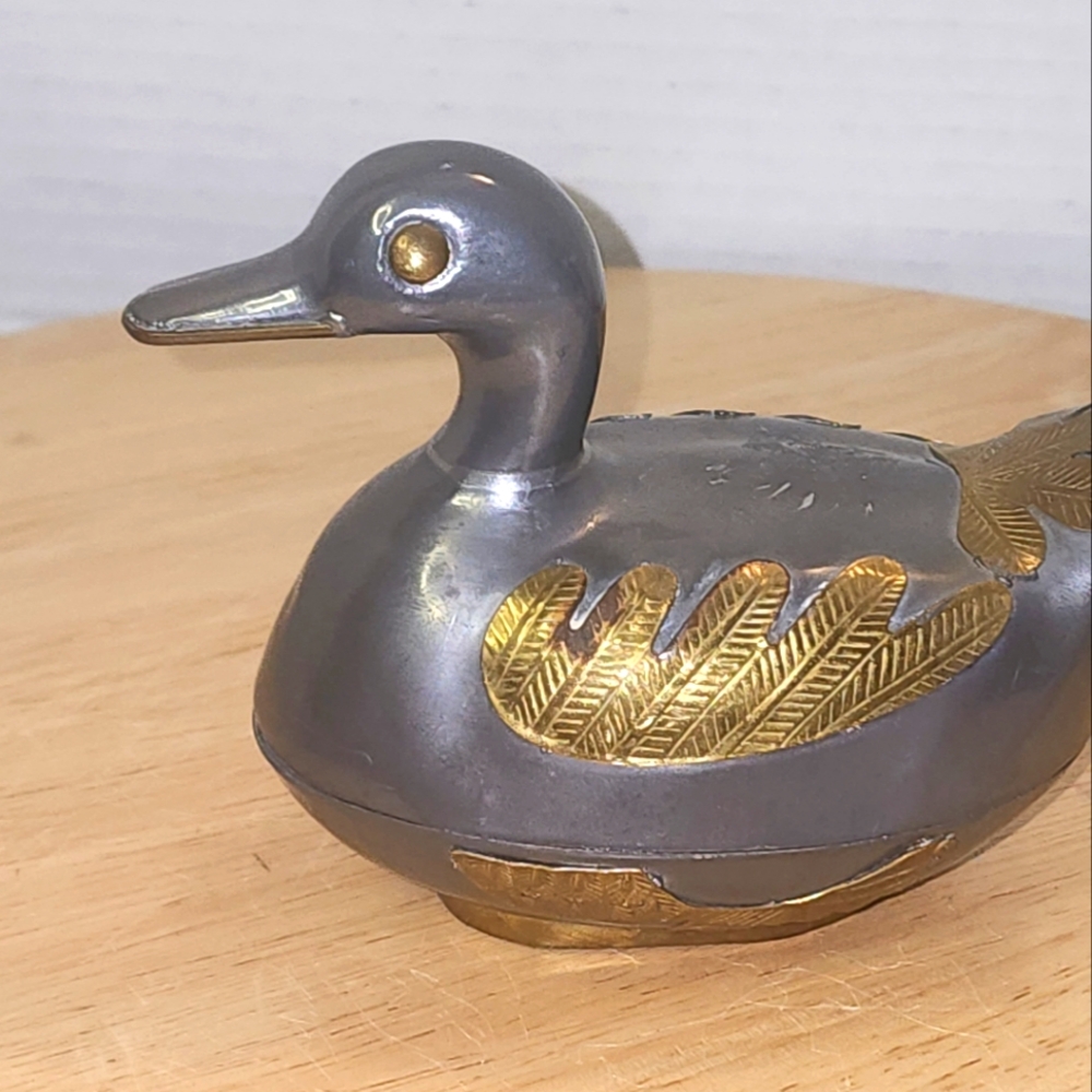 Vintage Pewter and Brass Loon  Trinket Box